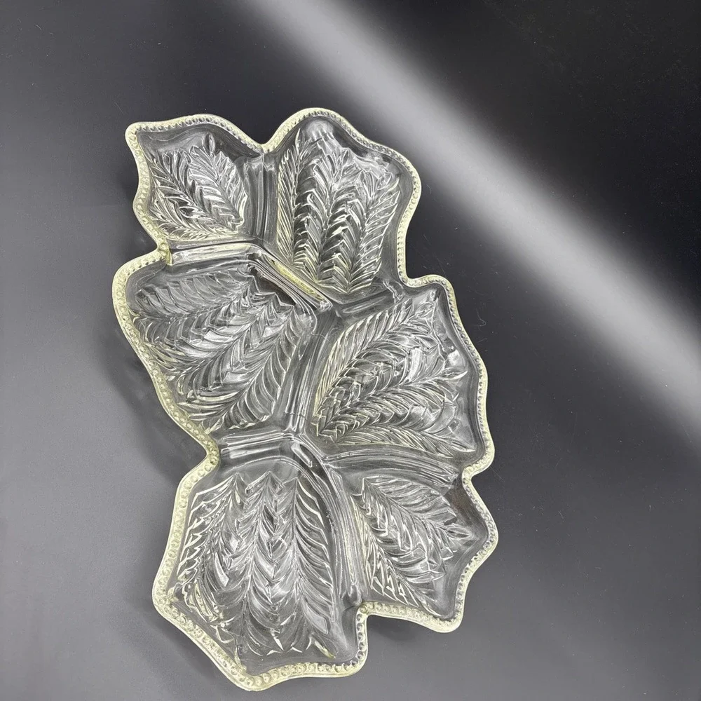 Vintage Jeannette Glass 6-Section Feather Leaf Relish Tray Clear Scalloped Edge